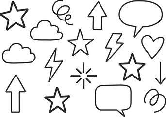 Hand Drawn Doodle Icons Set with Stars Clouds Arrows Hearts Lightning and Speech Bubbles