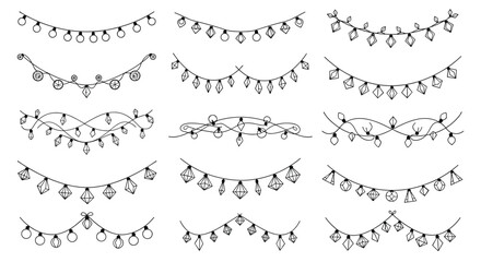 Obraz premium Large collection of hand-drawn festive garlands and light strings features various bulb shapes for celebratory party decorations.