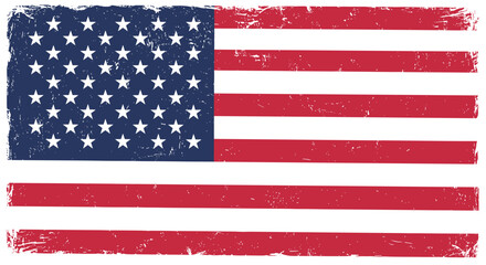Fototapeta premium Distressed and weathered American flag features a vintage grunge texture, showing stars and stripes in a classic horizontal layout.