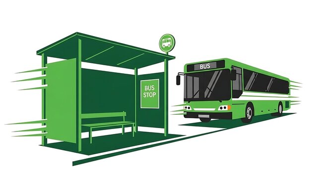 Green bus speeding past modern bus stop shelter