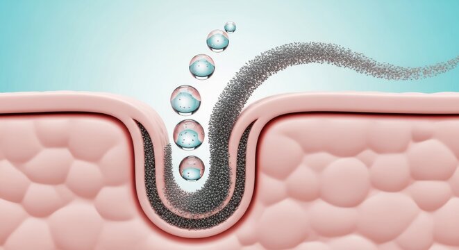 Skin layers with nanoparticles and water droplets penetrating surface