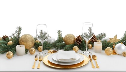 Festive christmas table setting with golden accents isolated on white background for elegant dining
