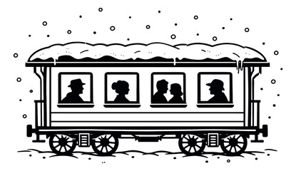 Fototapeta premium Hand drawn line art illustration of a train car depicting passengers traveling in falling snow for winter journeys