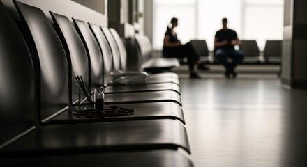 Empty black chairs in a waiting room with copy space