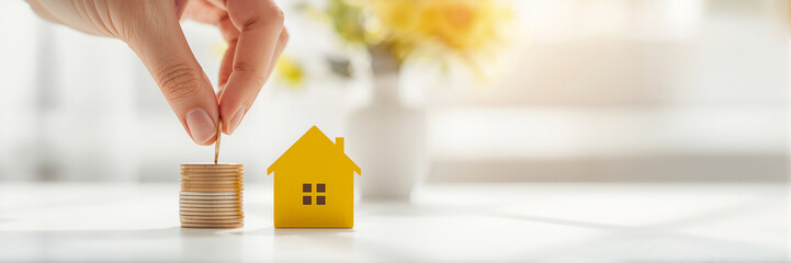 Close-up of a hand holding a coin, a house model in a room