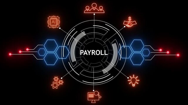 Payroll processing technology abstract digital interface with glowing hexagons and circular H U D elements