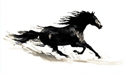 Fototapeta premium Chinese ink painting silhouette of galloping stallion, horse in sumi-e style for lunar new year zodiac celebration