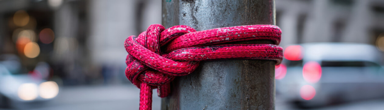 Red rope tied around metal pole shows red tape concept in government shutdown editorial use with urban background and blurred lights