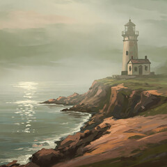 Cinematic painting of a lighthouse on a rocky cliff over the ocean at sunset
