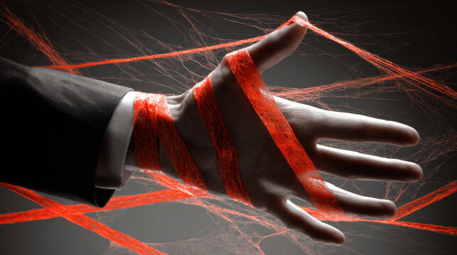 Red tape wrapped around hand symbolizes government shutdown with editorial use concept of restriction and control