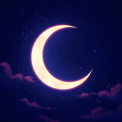 Stylized crescent moon in a starry night sky with purple clouds and glowing light