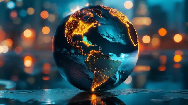 Close-up of a glowing Earth at night with city lights and water reflections 4k video