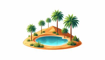 Tropical oasis with blue water pond and palm trees in sand dunes isolated on white