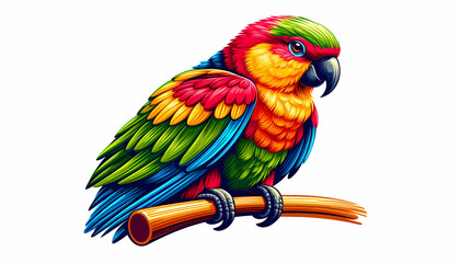 Bright colorful parrot sitting on a branch isolated on white background vector illustration