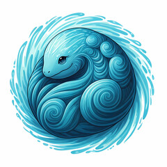 Stylized blue water creature or sea dragon in a circular wave swirl illustration