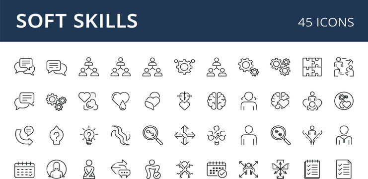 Soft Skills Line Icon Set with Communication, Teamwork, Leadership, Emotional Intelligence, Problem Solving, and Personal Development Symbols for Business and Education Design