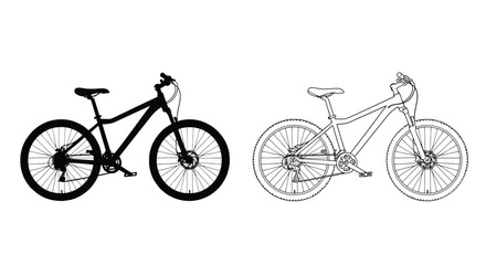 Obraz premium Two mountain bikes depicted in contrasting line styles solid and outlined
