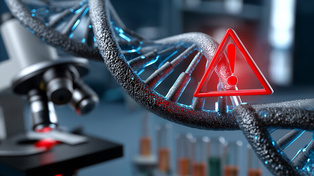 Close-up of glowing DNA double helix with red warning sign symbolizing cancer risk, medical lab with test tubes and microscopes, genetic research health risk awareness, with copy s