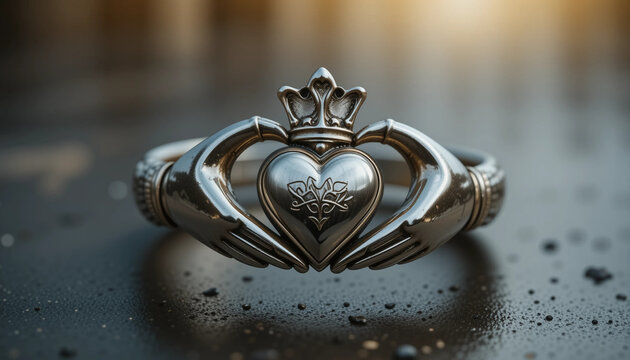 Close-up of an antique Claddagh ring with intricate Celtic design symbolizing love and friendship
