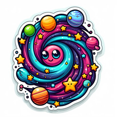 Fototapeta premium Cute cartoon space snail character with galaxy shell stars and planets. Funny cosmic animal sticker for kids and astronomy concept
