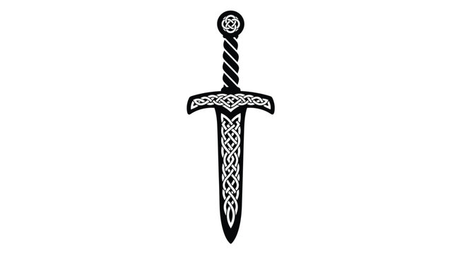 A black and white illustration of an ornate celtic knotwork sword