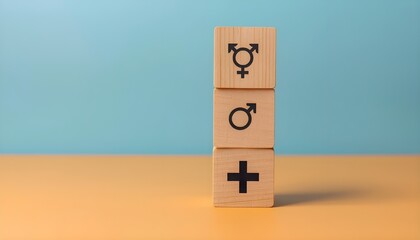 Stacked wooden blocks with gender symbols and plus sign on orange surface against blue background
