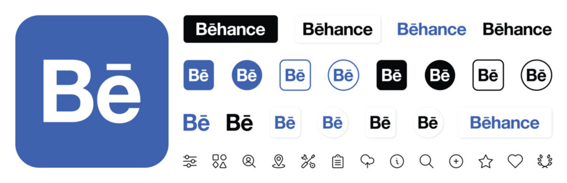Behance logo collection with various button styles and icons vector illustration