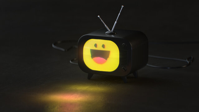 Cute Retro Mini TV with Laughing Emoji Face 3D render