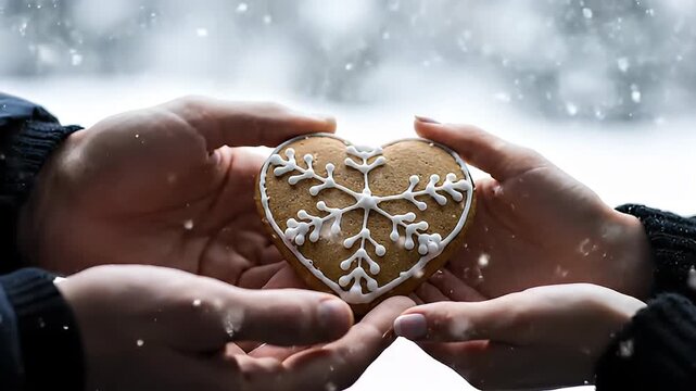 Romantic Winter Moment: Couple's Hands Share Heart Gingerbread Cookie with Snowflake in Falling Snow