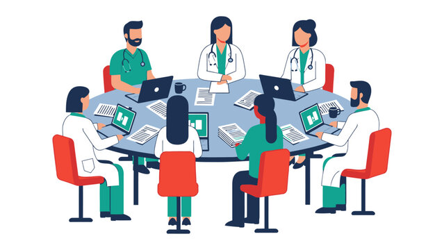 Medical Team Meeting: A collaborative tableau of medical professionals, engrossed in a meeting, reviewing data and charting a course of action within a circular setting.