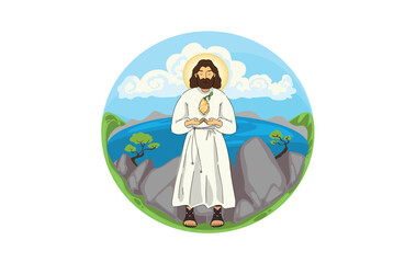 Obraz premium Distinguished Holy Person With Halo Guiding Lambs Across Lush Green Hills In Calm Environment