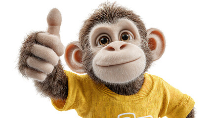 A cute monkey in a yellow shirt giving a thumbs up isolated on transparent background