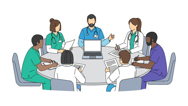 Medical Team Meeting: A collaborative gathering of healthcare professionals, dressed in their uniforms, intently discussing patient cases around a circular table.