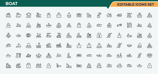 Set of Boat line icon. Containing nautical, vessel, transportation, ship, maritime, shipping and more. Vector icons collection. Nautical icon set. Editable vector illustration. © Cats2udio