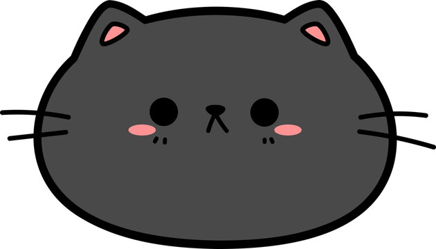 Cartoon chubby grumpy cat face illustration for kids, Handdrawn kitty head for sticker, Black cat face