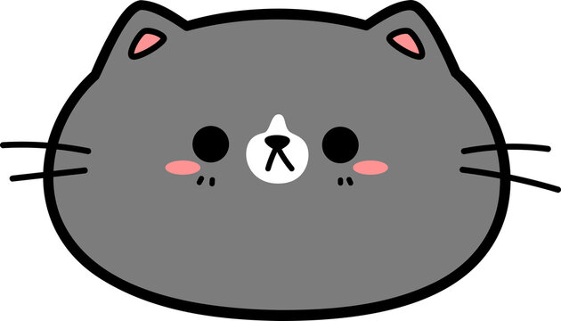 Cartoon chubby grumpy cat face illustration for kids, Handdrawn kitty head for sticker, Black cat face