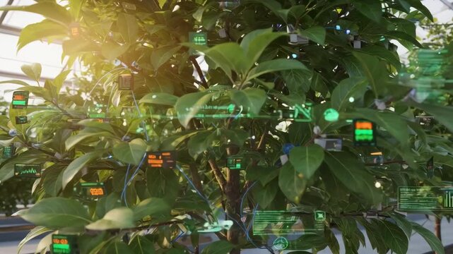 Medium shot of sensorequipped tree branches gathering realtime data on foliage health in a smart agricultural environment