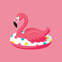 Fototapeta premium Colorful flat design side view of pink flamingo sitting inside dotted inflatable pool float with playful mood