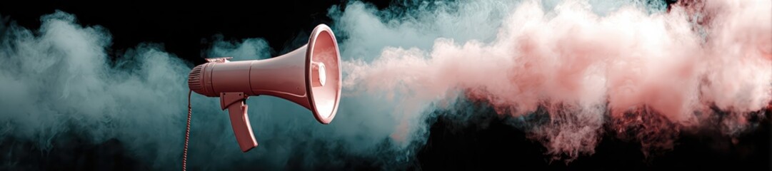 Fototapeta premium A megaphone emits colorful smoke in dramatic contrast. This surreal image captures communication, attention, and amplified announcements with vivid visual flair.