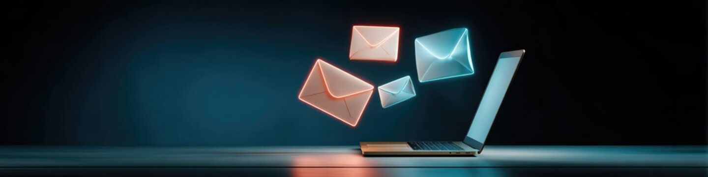 Colorful digital envelopes emerge from a sleek laptop, symbolizing online communication. This modern scene showcases email technology and fast information exchange.