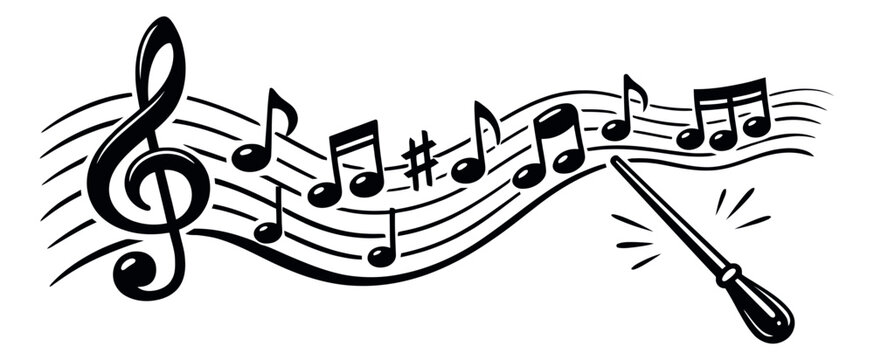 Line art illustration of a musical staff with notes and a conductor's baton depicting music creation for entertainment