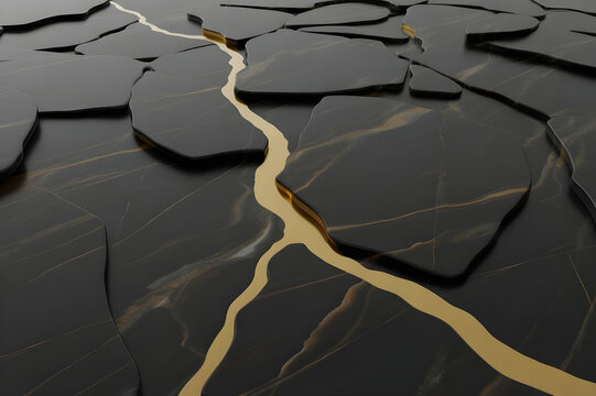 Abstract concept of kintsugi, repairing broken black ceramic or stone pieces with gold lacquer, symbolizing resilience and imperfection in design