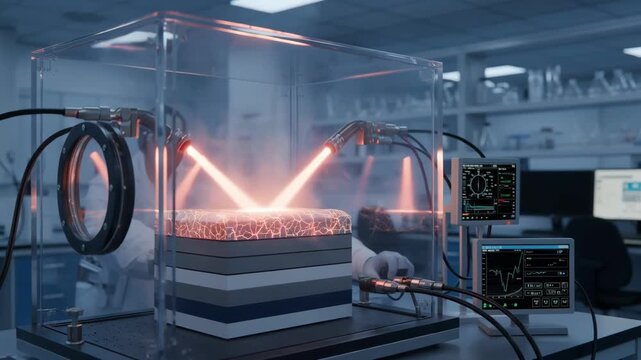 Mid shot of layered thermal shock resistant ceramics being tested in laboratory showcasing improved crack resistance and thermal stability.