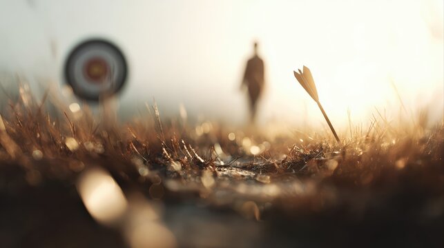 A single arrow lies in dewy grass with a blurred archery target and person in the soft sunrise background. This atmospheric scene evokes challenge, aim, and perseverance.