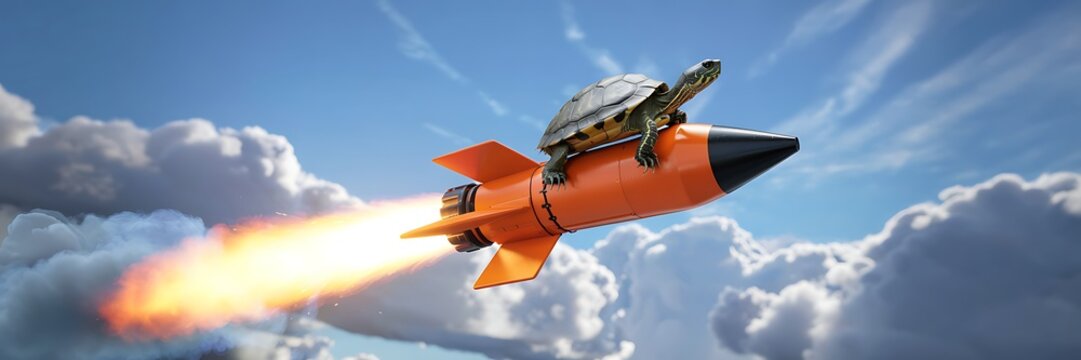 Turtle riding on rocket with flame in sky turtle represents slow progress rocket represents ambition speed goal achievement metaphor