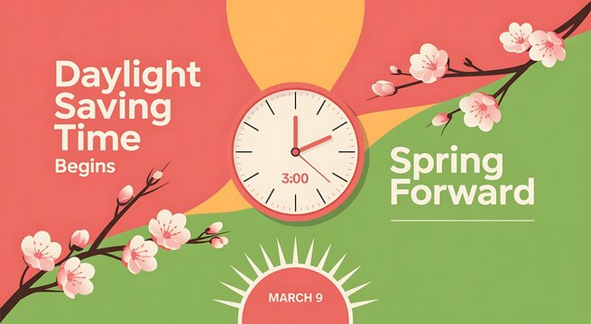 Daylight saving time begins on March 9th, spring forward event with clock and blooming cherry blossoms on pink and green background