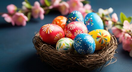 Obraz premium Colorful Easter eggs arranged in a decorative nest surrounded by spring blossoms