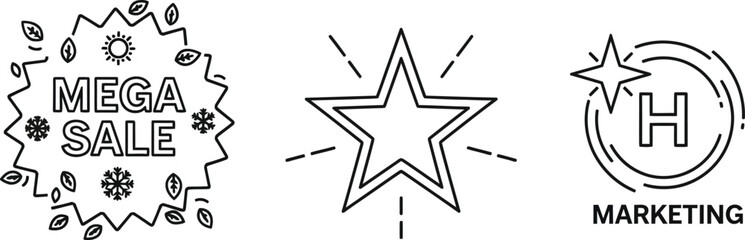 Obraz premium Illustrative vector icons for promotional campaigns and brand identity, showcasing a 'Mega Sale' banner, a sparkling star, and a marketing company emblem