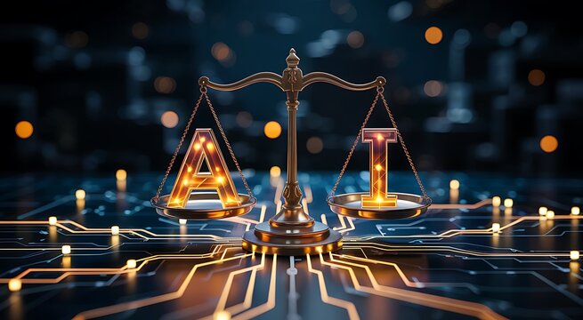 Digital scales balancing letters 'AI' on circuit board background symbolizing artificial intelligence law and ethics in technology concept