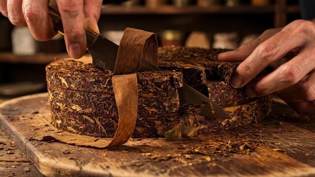 Closeup of hands slicing dense pressed pipe tobacco cakes into wide ribbon cuts highlighting textured layers and aromatic rich brown hues in a traditional workshop setting.